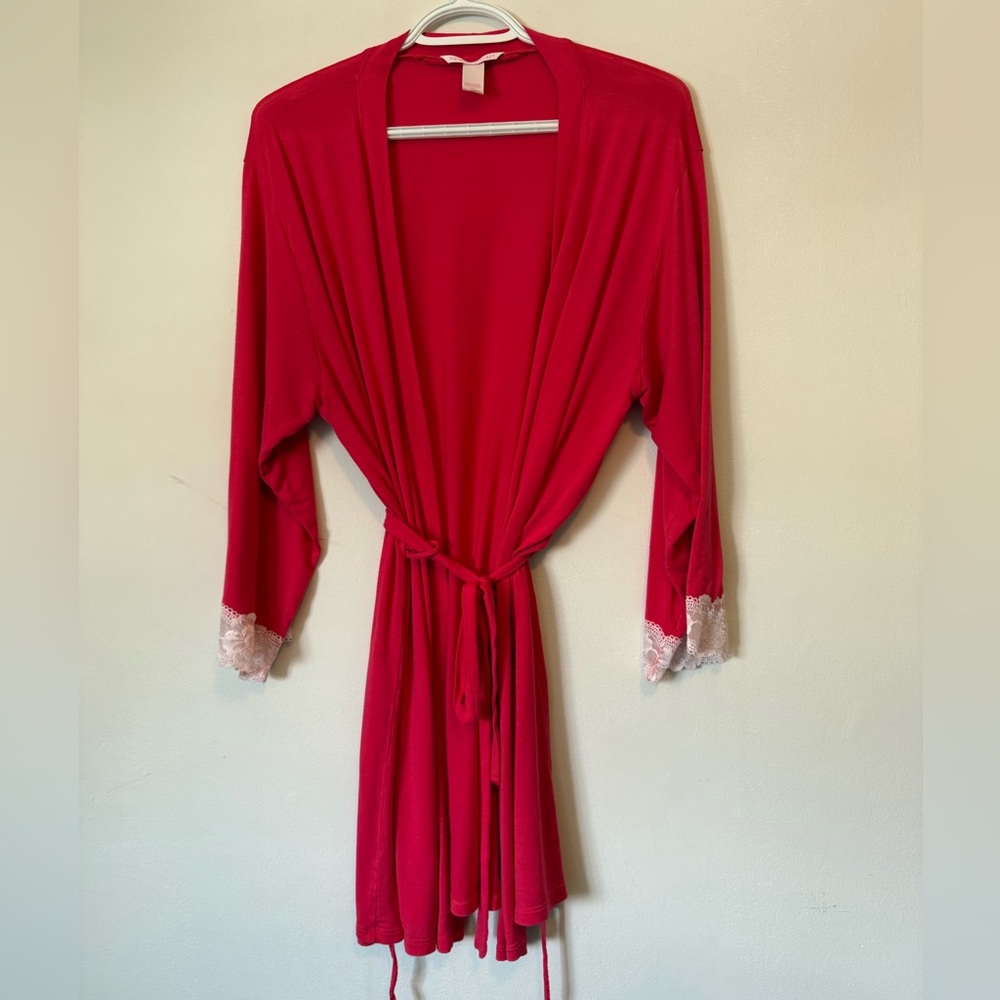 Victoria's Secret Modal Dark Pink Robe Lace Trim Accent Ladies size Large
